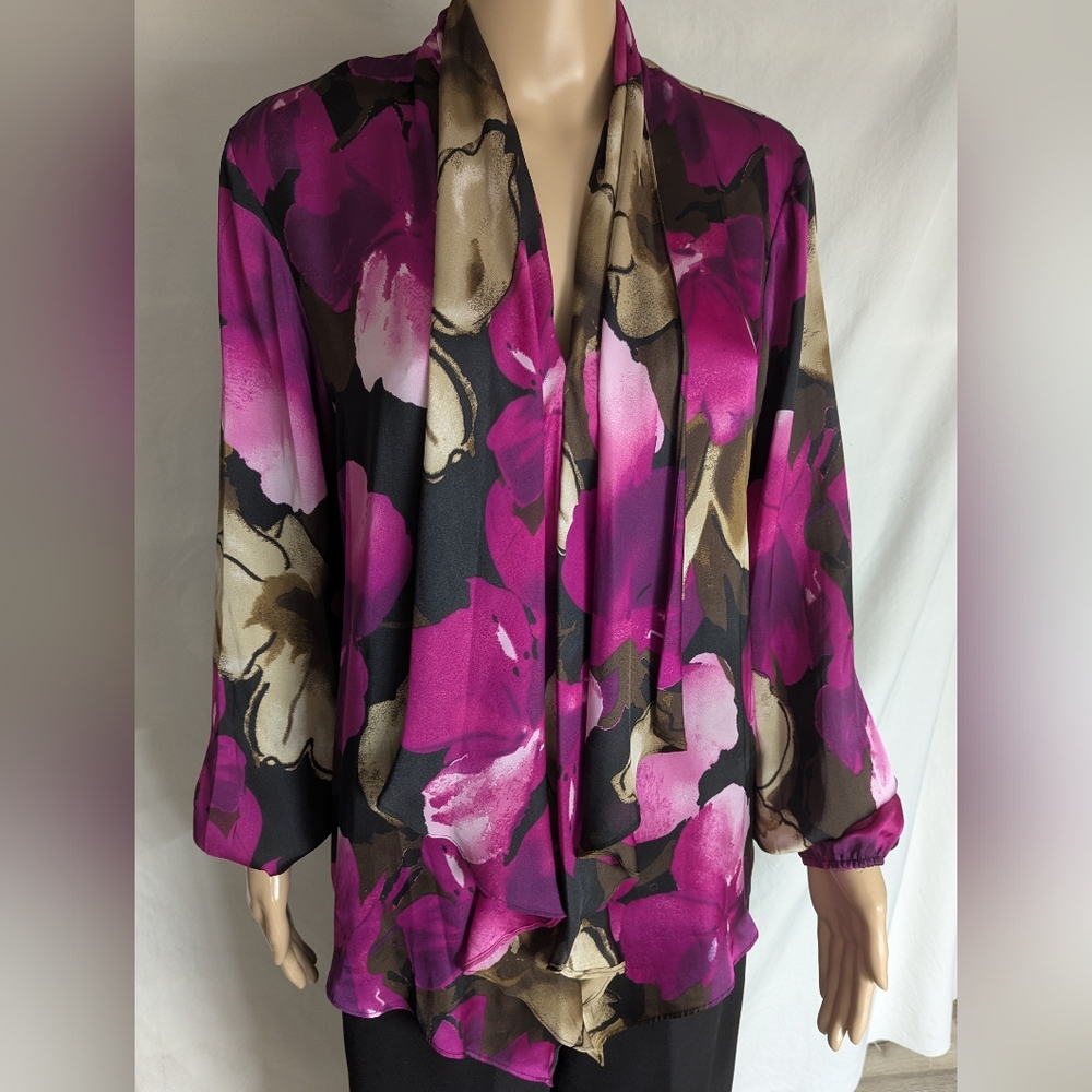New Directions Silky Bold Floral Pullover Blouse Sz XL Long Balloon Sleeves